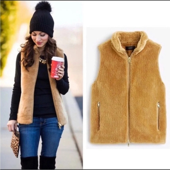 J Crew Plush Fleece Excursion Vest fuzzy warm brown tan XS - Picture 1 of 11